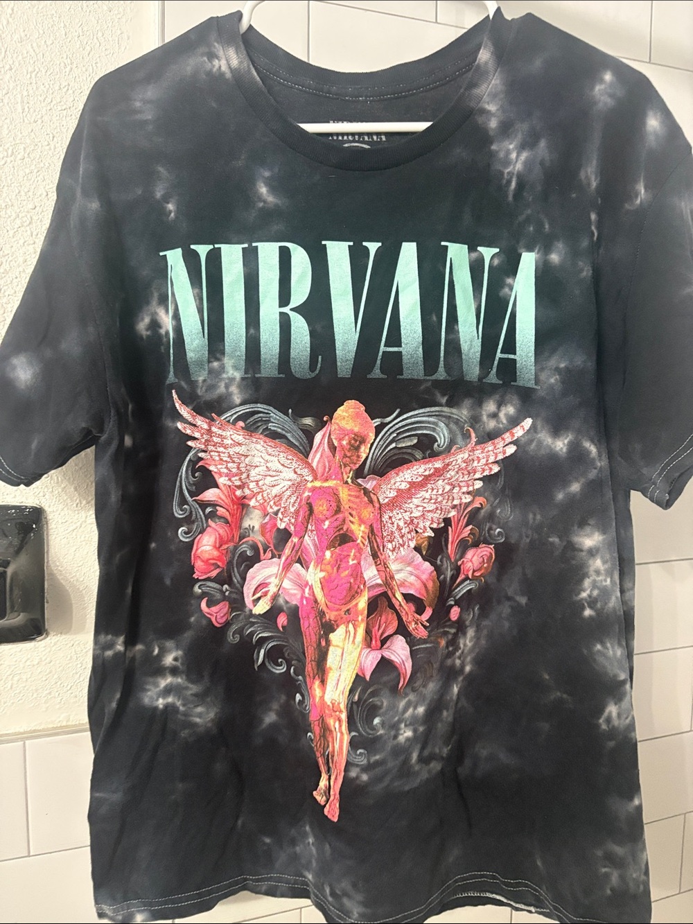 NIRVANA Black Tie-Dye Tee with Teal Logo & Pink Angel Graphic